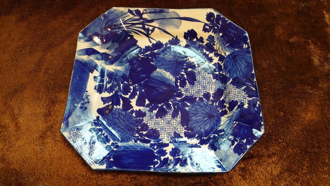 古伊万里　伊万里　染付　華の図　八角皿　１客