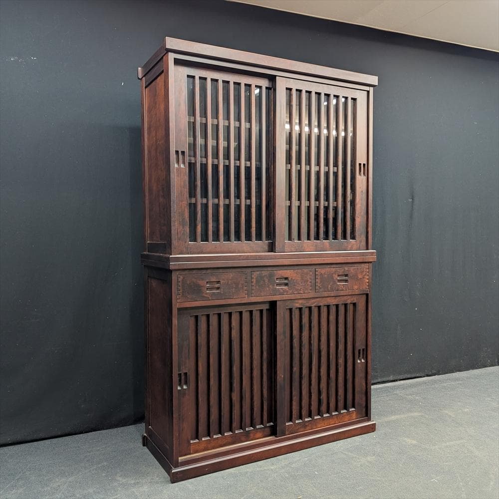 美品　和光　樺 カバ材　水屋箪笥　食器棚　キャビネット　格子　引戸　蟻組　焼印