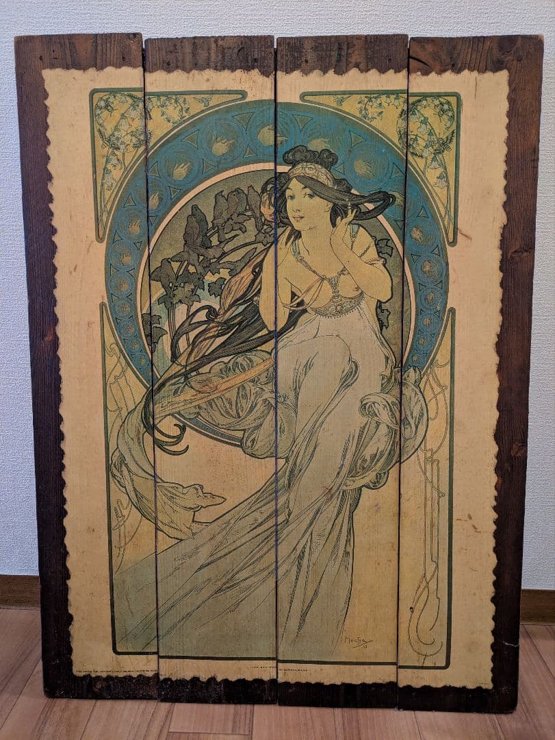 希少アルファンスミュシャ杉板プリントアンティークインテリア　1975年アメリカ製