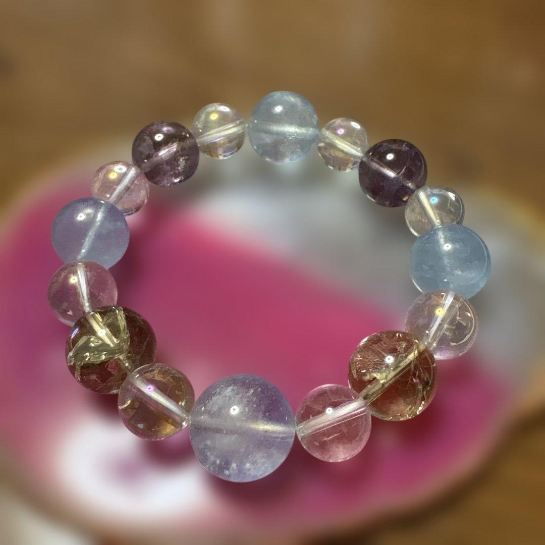 【上級】天然石ブレスレット　アクアマリン　シトリン虹色クォーツ　アメジスト