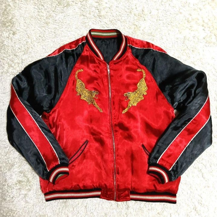 ♦1/4迄♦梵殷 ファイン スカジャン 赤黒 リバーシブル 龍 虎 刺繍