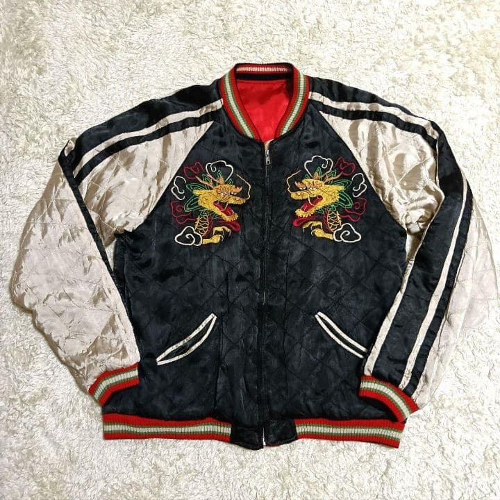 ♦1/4迄♦梵殷 ファイン スカジャン 赤黒 リバーシブル 龍 虎 刺繍