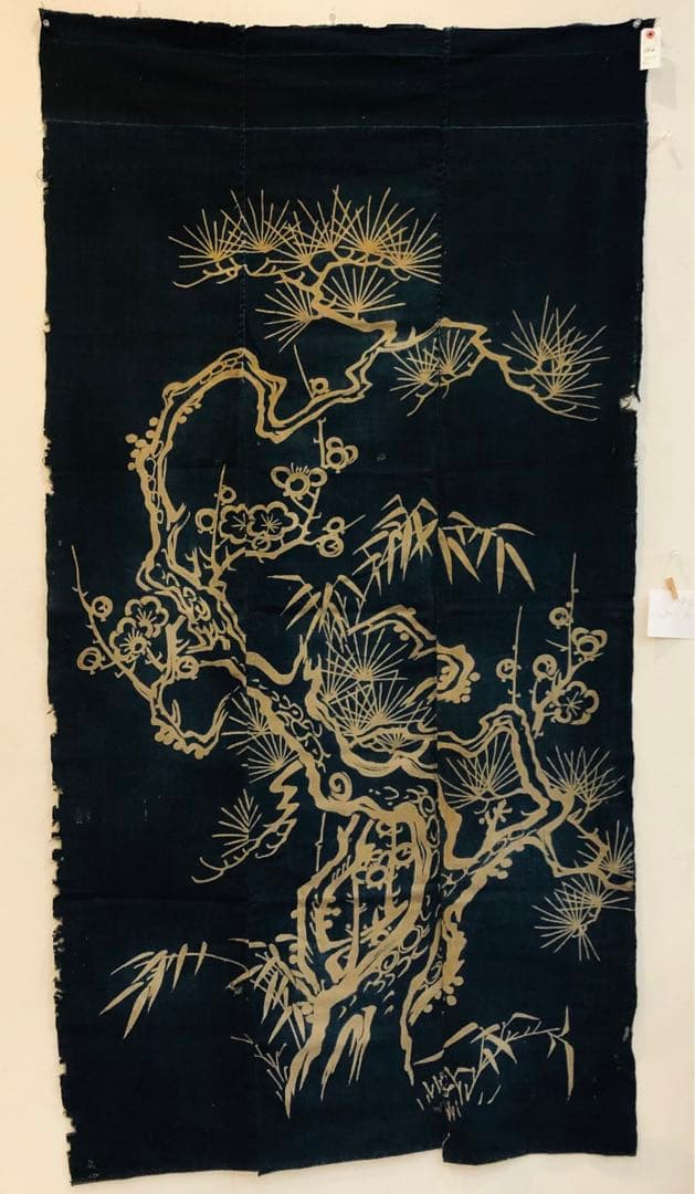 藍染筒描き三巾加賀のれん時代物木綿古布　ソ-182