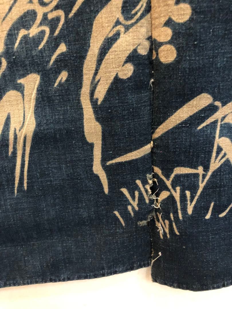 藍染筒描き三巾加賀のれん時代物木綿古布　ソ-182