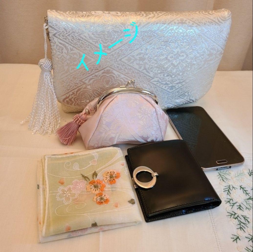 和風花模様シルバーシルク着物帯の2waysクラッチバッグ