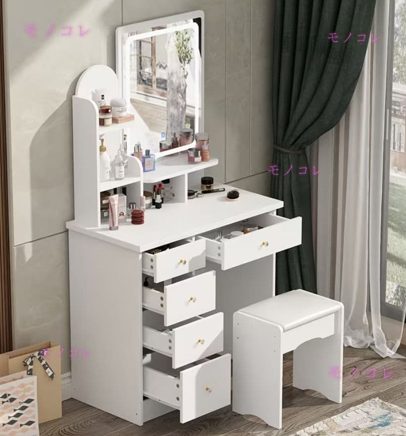 （モノコレ）ドレッサー 幅 80cm LED ライト スツール付き ホワイト