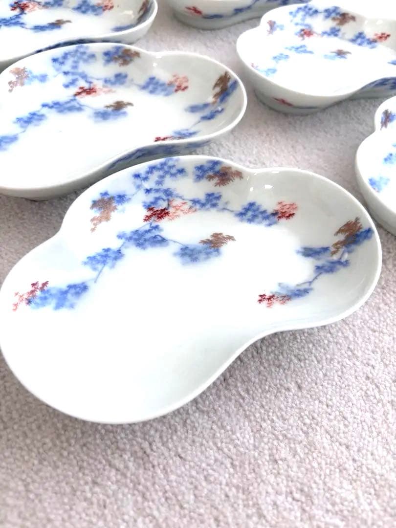 超高級アンティーク 手書き絵付け雲形花柄陶磁器皿 6枚セット