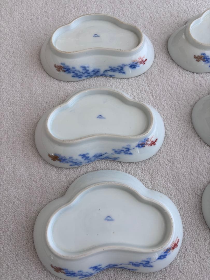 超高級アンティーク 手書き絵付け雲形花柄陶磁器皿 6枚セット