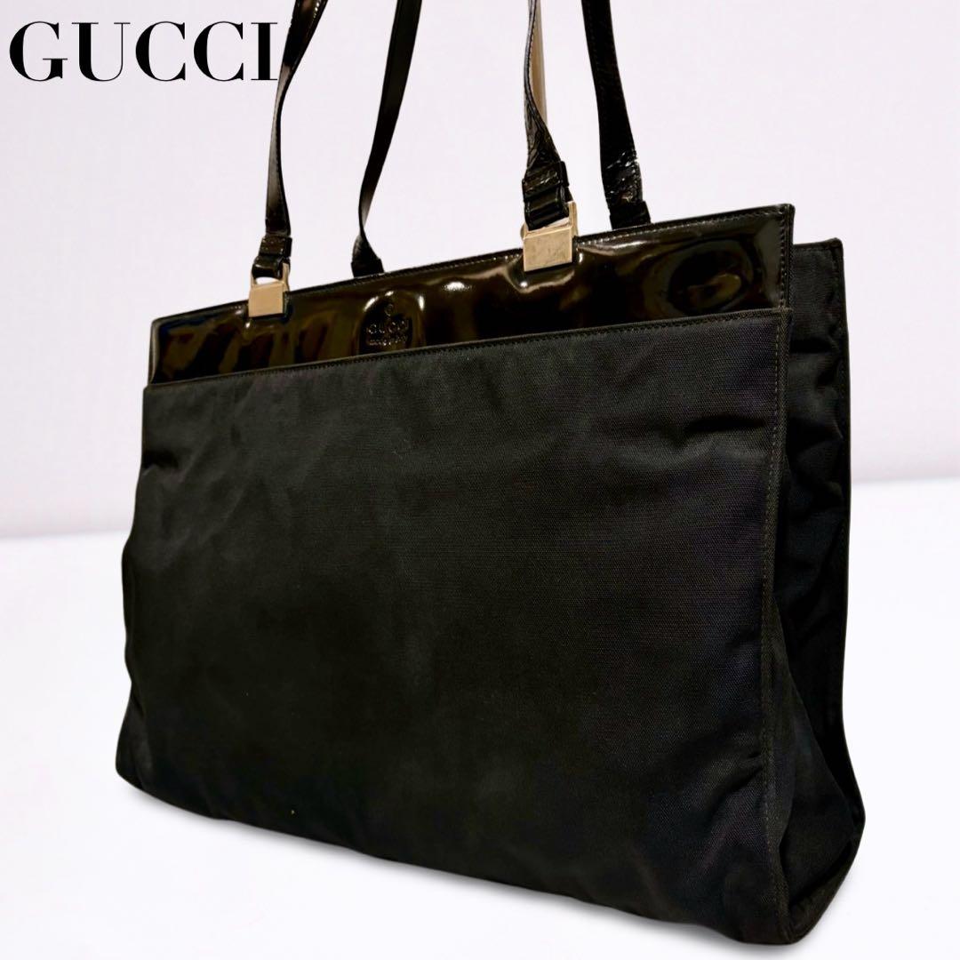 【正規品】グッチ GUCCI トートバッグ キャンバス エナメル 黒 A4可