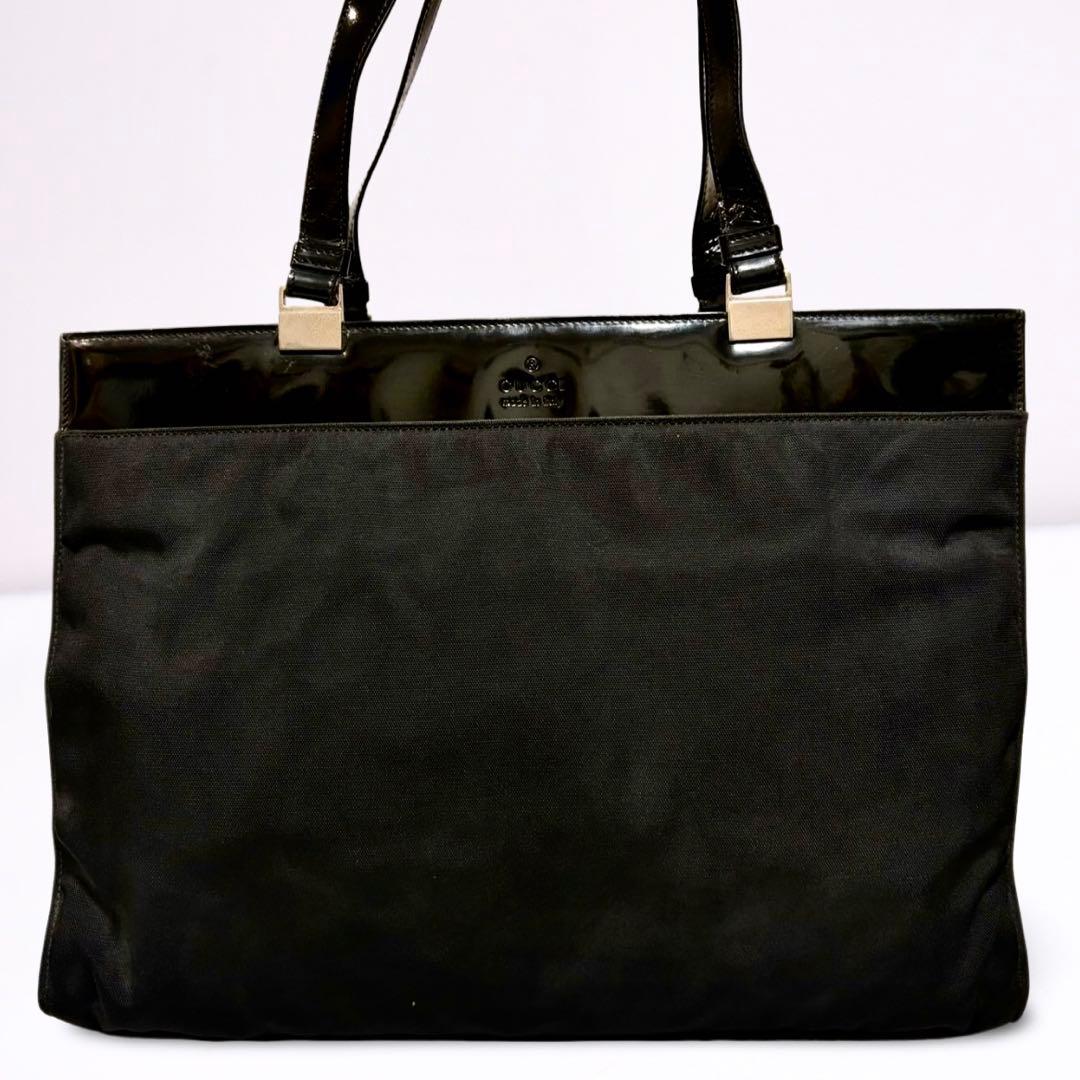 【正規品】グッチ GUCCI トートバッグ キャンバス エナメル 黒 A4可