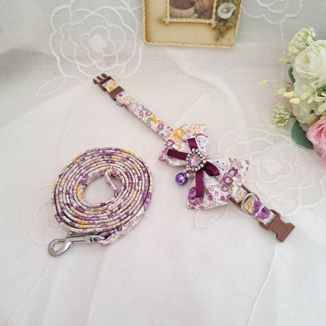 リボン首輪(パープルローズ)&リードセット、わんちゃん猫ちゃん用