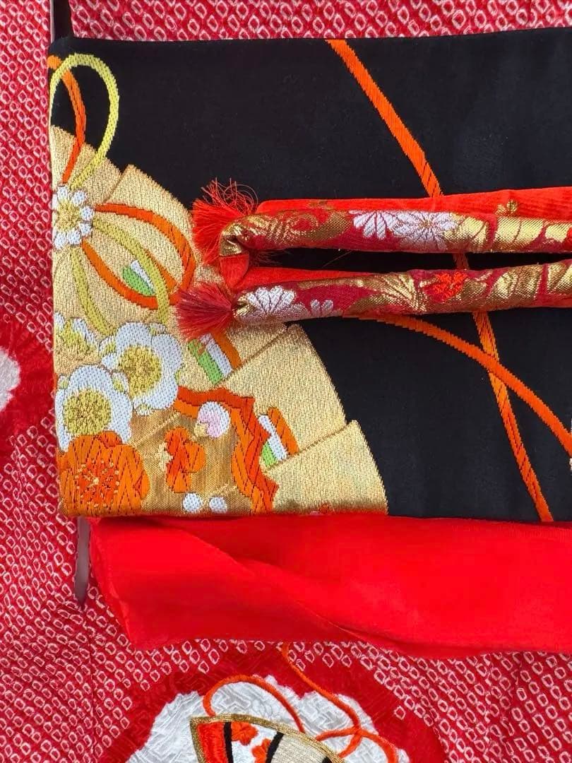 赤色花柄刺繍着物 七五三用　正絹総絞り　7歳