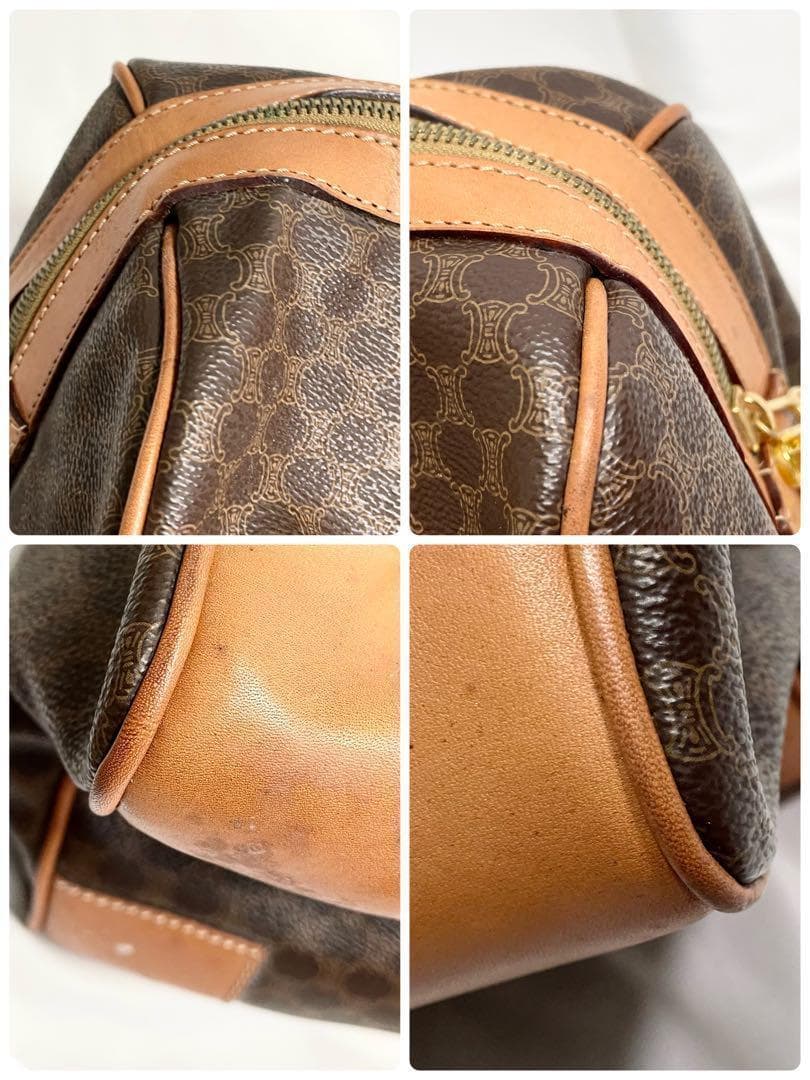 セリーヌ ボストンバッグ マカダム トリオンフ ゴールド金具 レザー 総柄 茶色