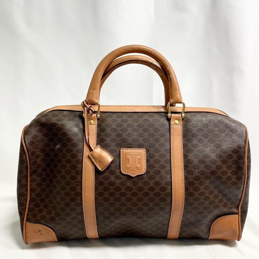 セリーヌ ボストンバッグ マカダム トリオンフ ゴールド金具 レザー 総柄 茶色