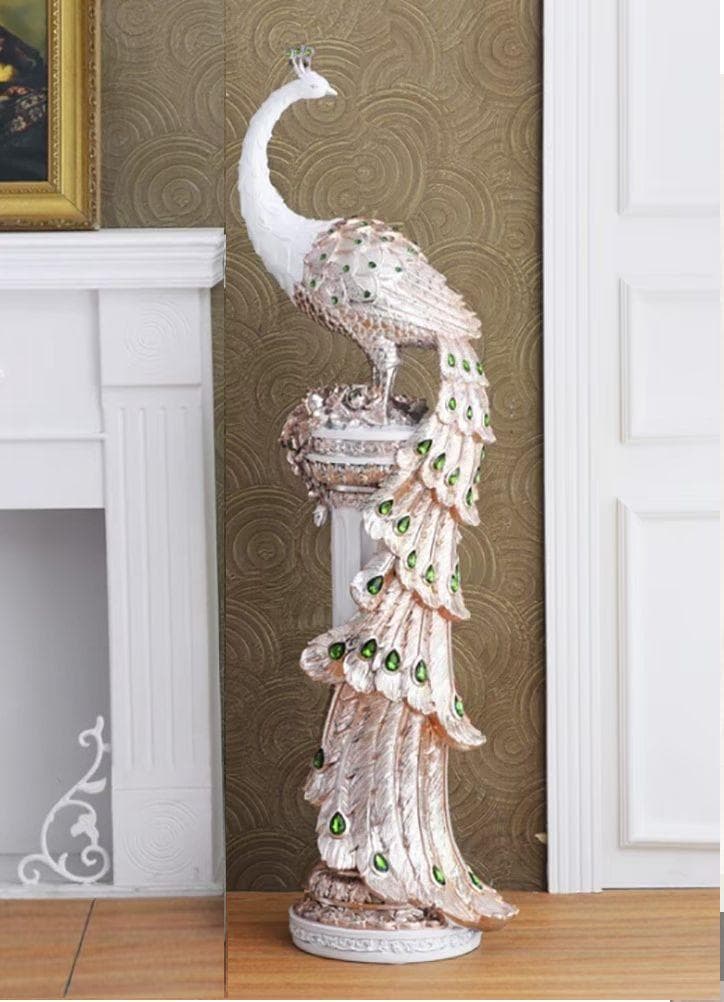 置物 振後ろをり向いた孔雀 白 70cm 柱 インテリア 風水 ホワイト　孔雀