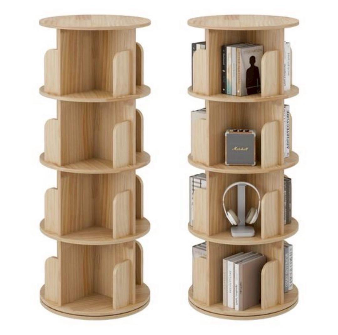 回転本棚 木製 天然木 省スペース 360°回転 ブックシェルフ ナチュラル