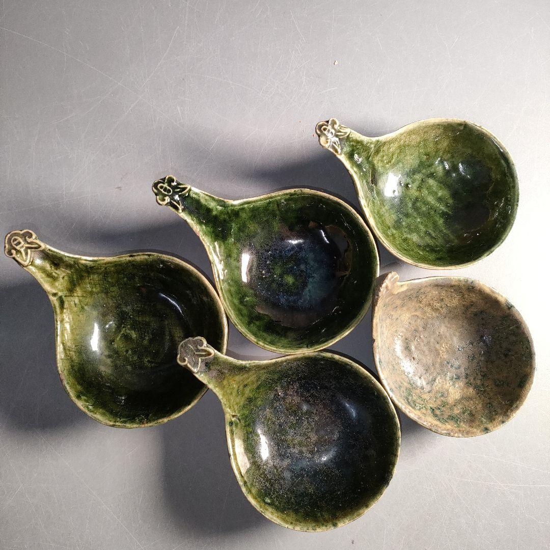 A1299-1/織部釉蓮華5客/共箱/織部焼/和食器/向付/小鉢/懐石道具/