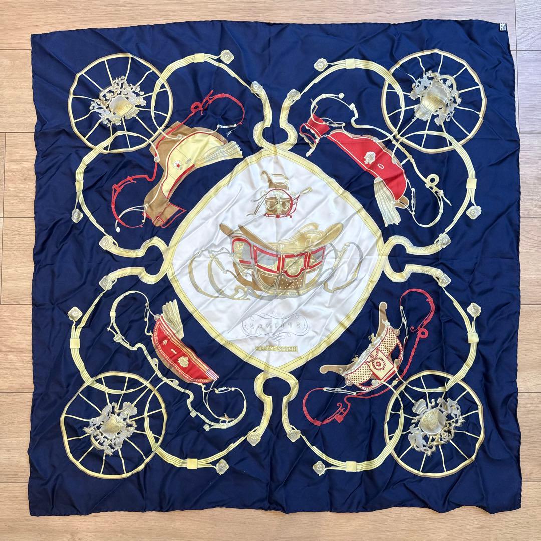 HERMES スプリングス シルクスカーフ ネイビー