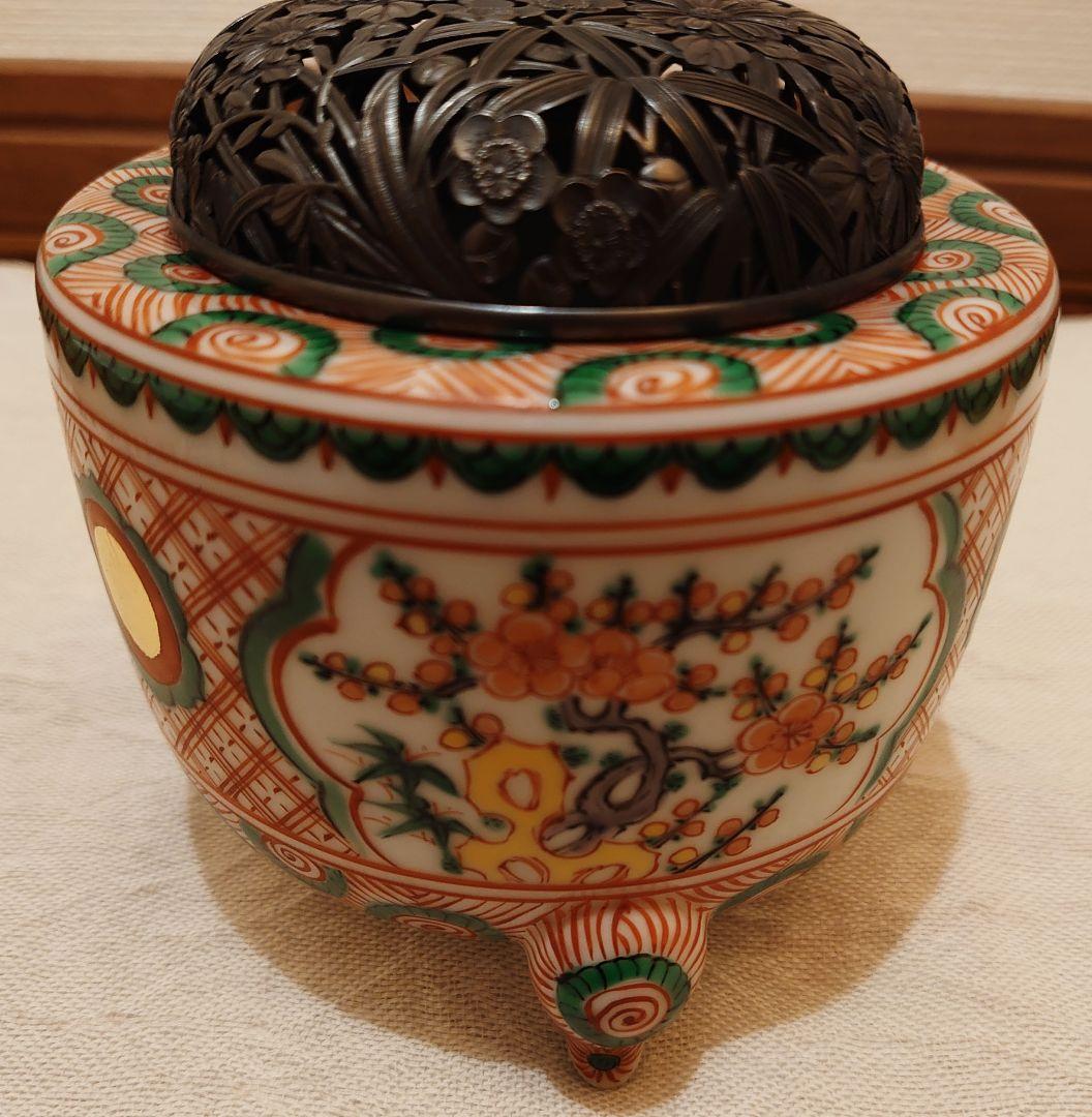 四代三浦竹泉 赤絵 香炉 純銀火屋 松興堂 金彩 四君子 アンティーク