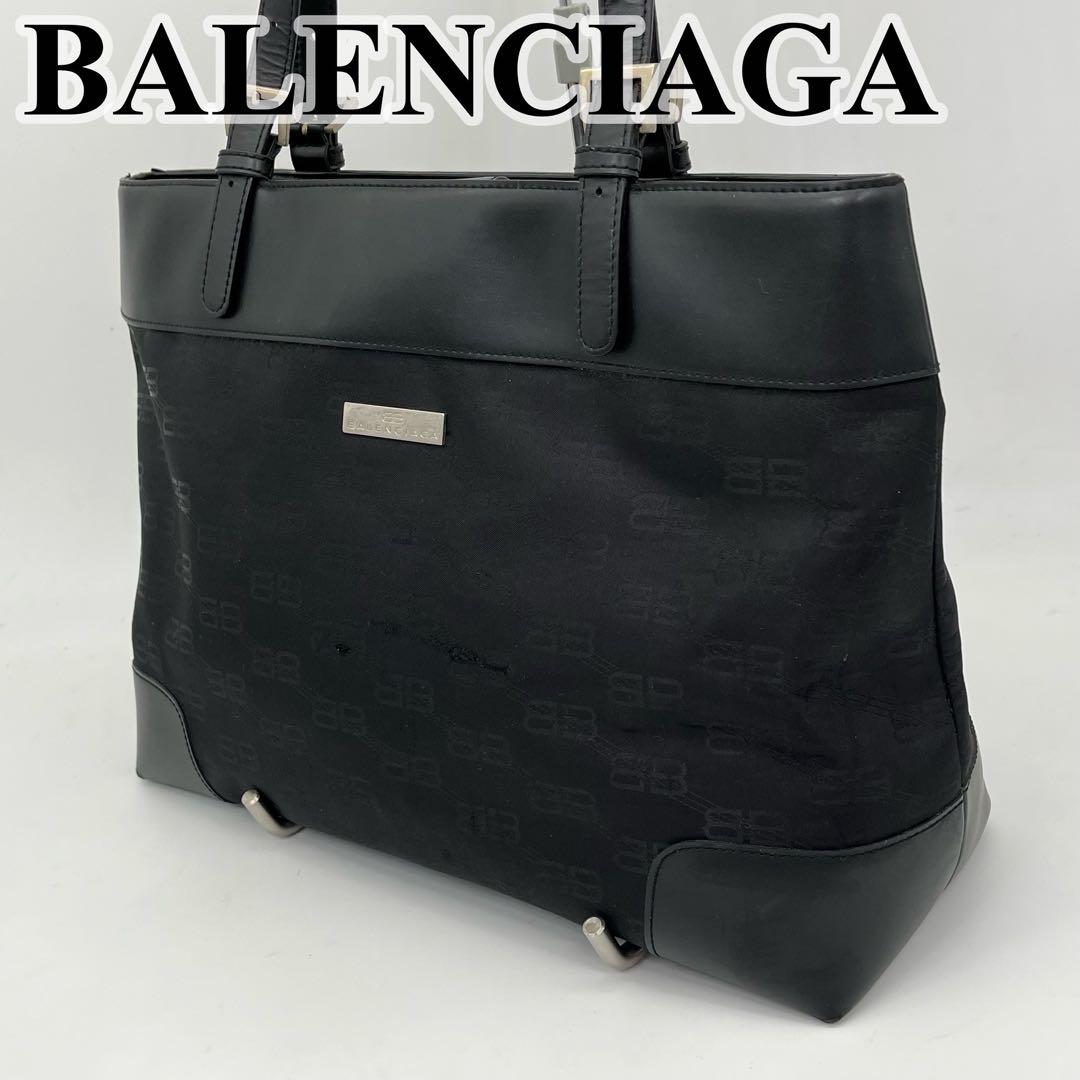 バレンシアガ トートバッグ 肩掛け BB柄 ロゴ金具 ブラック A4収納可能