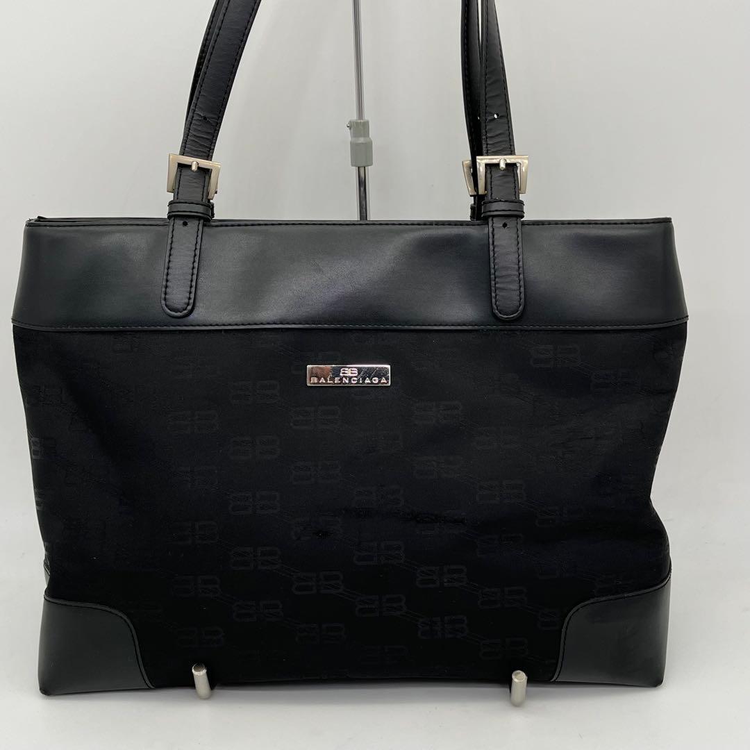 バレンシアガ トートバッグ 肩掛け BB柄 ロゴ金具 ブラック A4収納可能