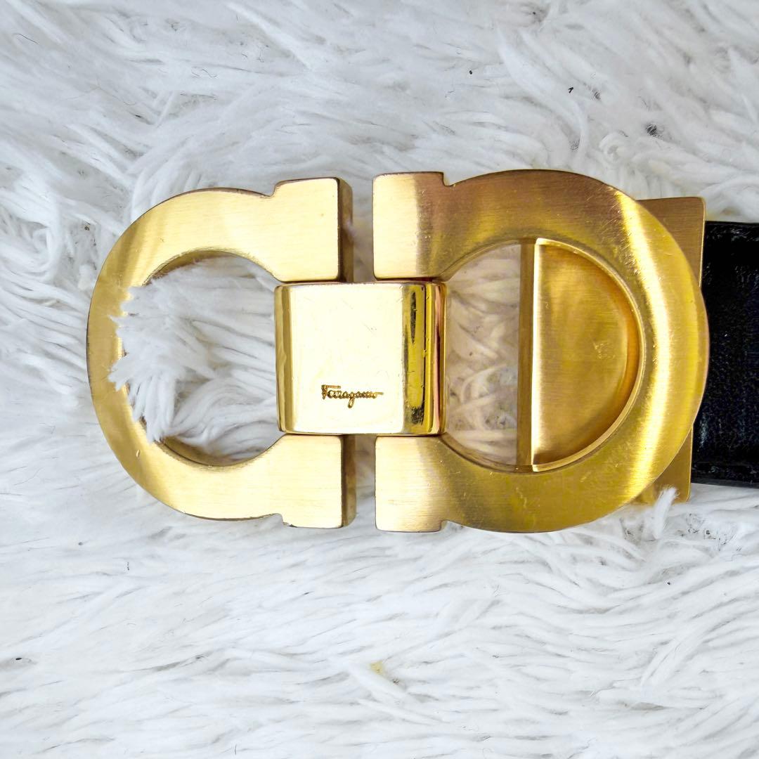 【美品】フェラガモ ベルト ダブルガンチーニ ブラック ゴールド