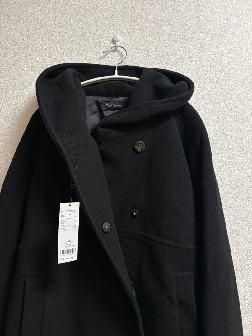 新品タグ付き☆ アンコキーヌ☆ウール混フーディーショートコート☆ブラック 3L