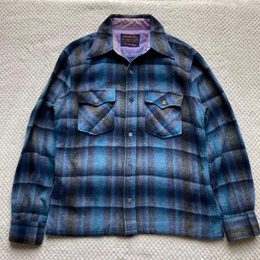 青 黒 オンブレ チェック 70s ビンテージ ウールシャツ ボードシャツ FJ