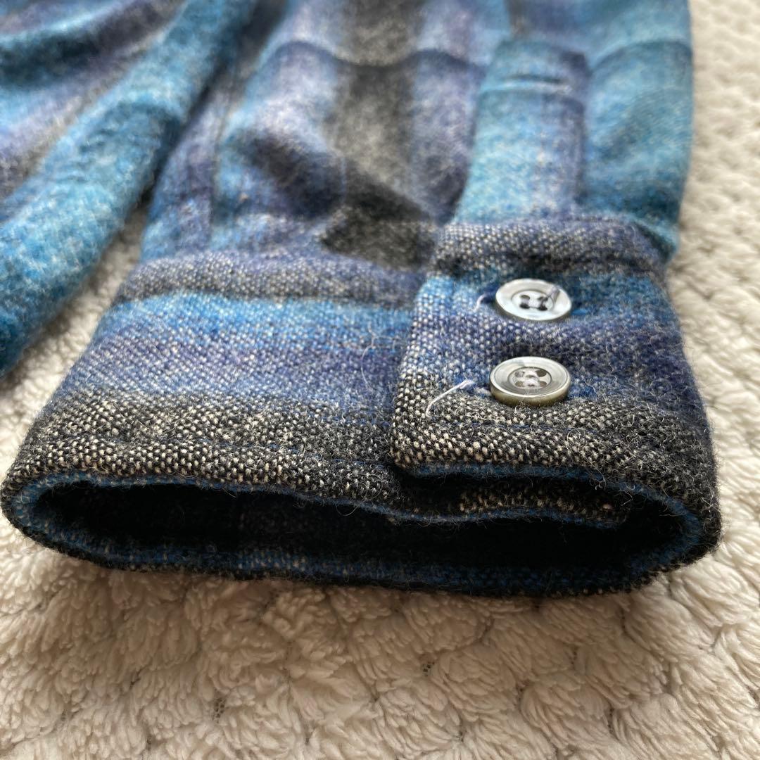 青 黒 オンブレ チェック 70s ビンテージ ウールシャツ ボードシャツ FJ