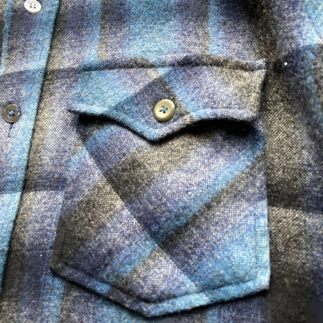 青 黒 オンブレ チェック 70s ビンテージ ウールシャツ ボードシャツ FJ