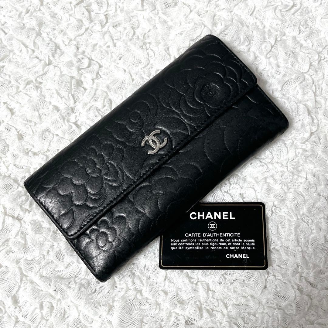美品✨CHANEL シャネル ラムスキン カメリア 二つ折り財布　シルバー金具
