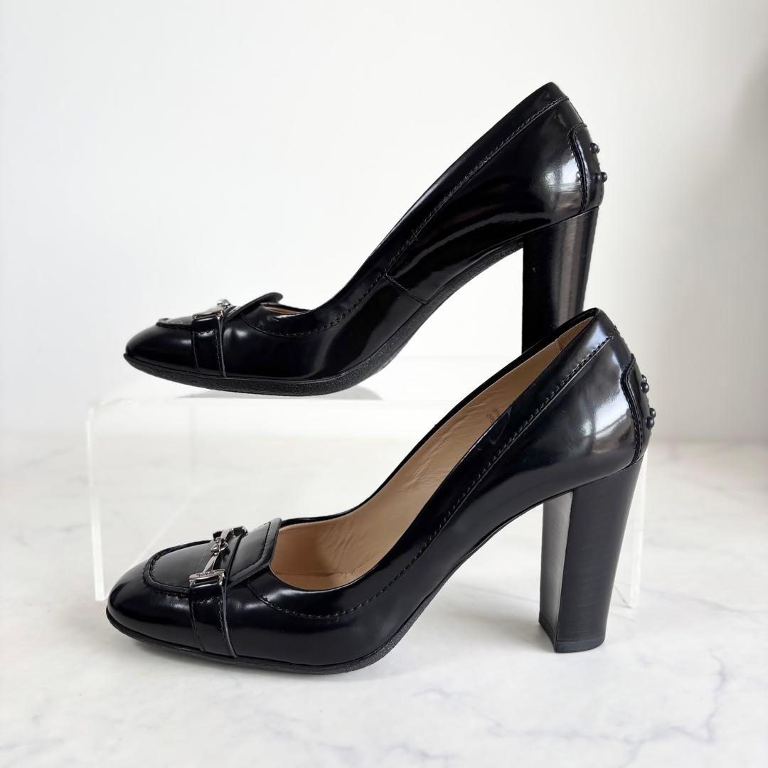 美品 トッズ 37 ヒール ローファー パンプス ダブルT レザー ブラック