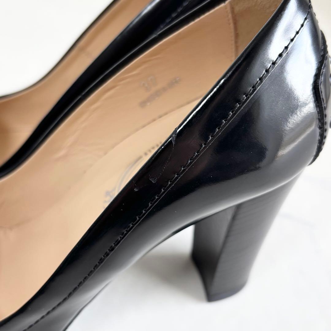 美品 トッズ 37 ヒール ローファー パンプス ダブルT レザー ブラック