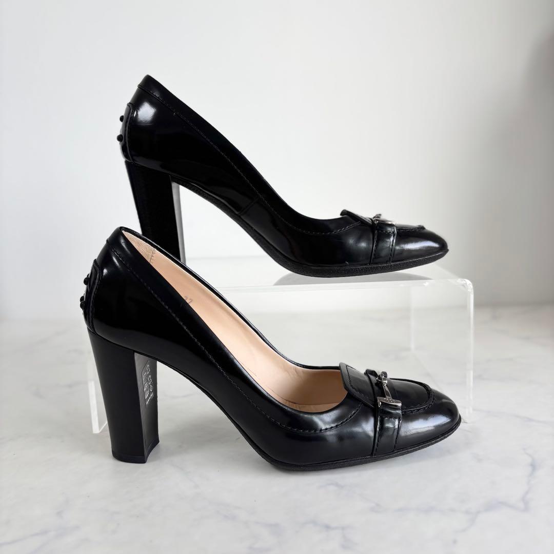美品 トッズ 37 ヒール ローファー パンプス ダブルT レザー ブラック