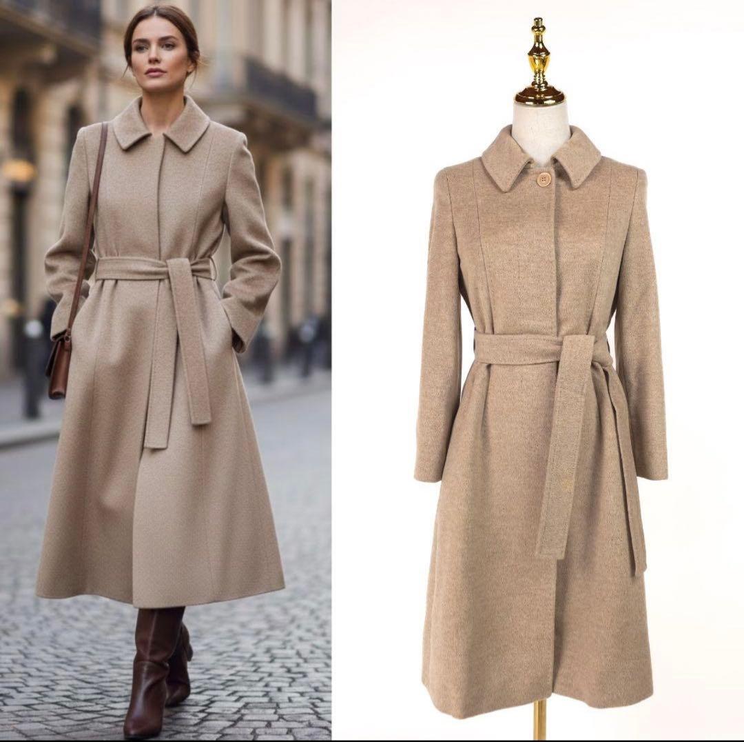 マックスマーラ ウール100% ベルト コート 36 ベージュ Aライン