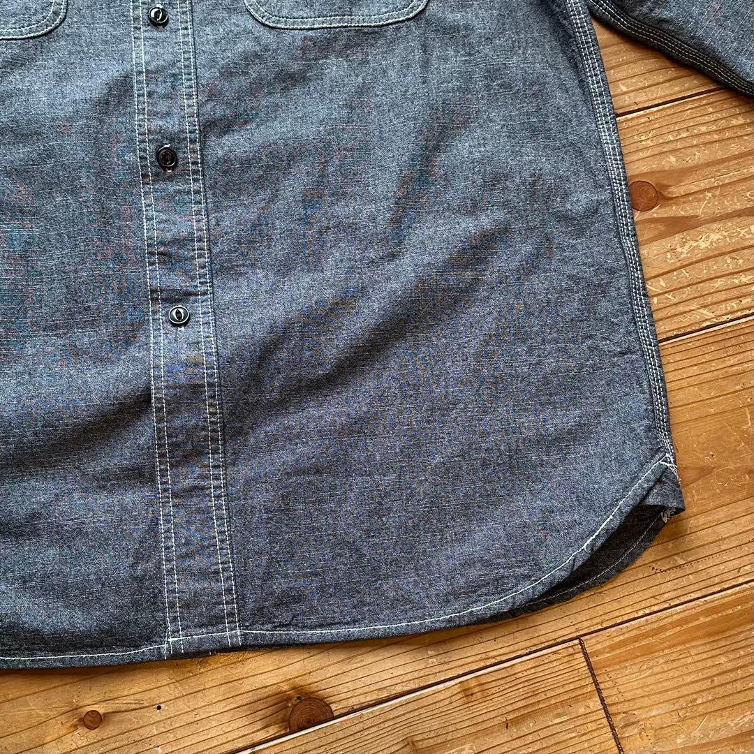 希少 BIG MIKE 猫目ボタン マチ付き ブラックシャンブレー 長袖シャツ