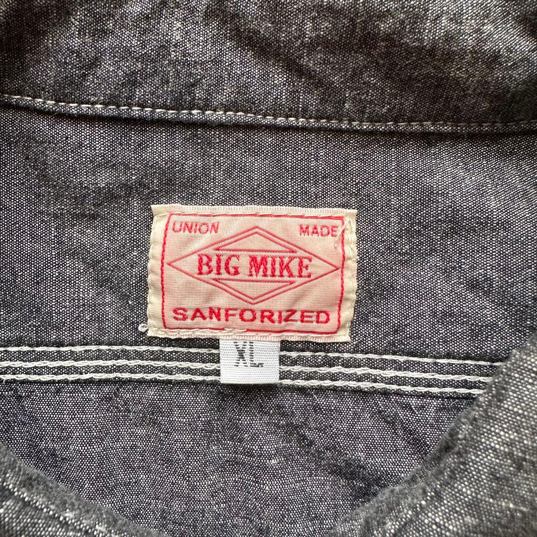 希少 BIG MIKE 猫目ボタン マチ付き ブラックシャンブレー 長袖シャツ