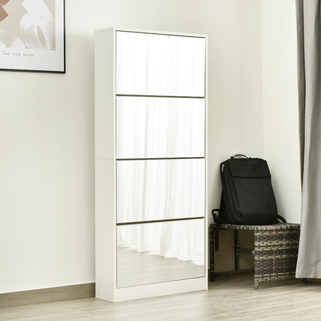 薄型 4段 シューズラック スリム シューズボックス 靴箱 下駄箱 ミラー全身鏡