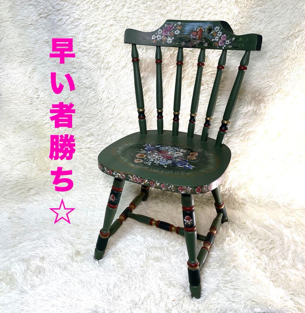 アンティーク木製キッチンチェア/ダイニングイス椅子飾り棚花柄　希少　ガーデニング