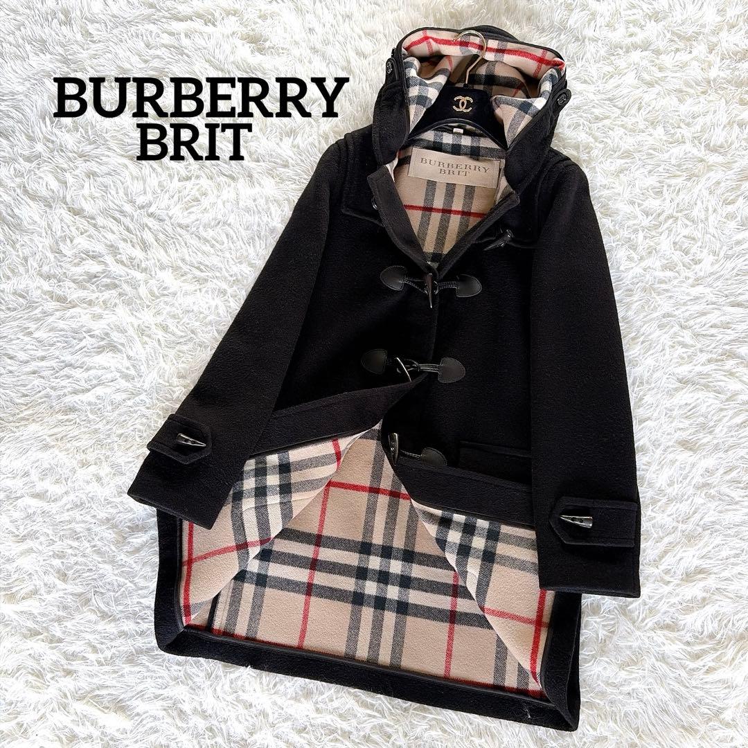 【バーバリーブリット】ダブルフェイスウールダッフルコート ブラック ノバチェック