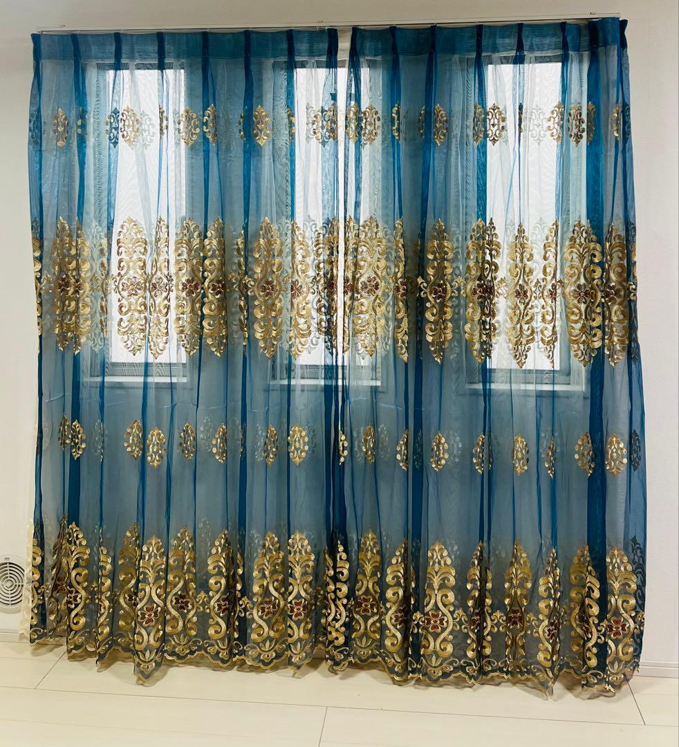 2枚入り　レースカーテン　金運UP ベージュ　刺繍柄　クローバー　レース　送料込