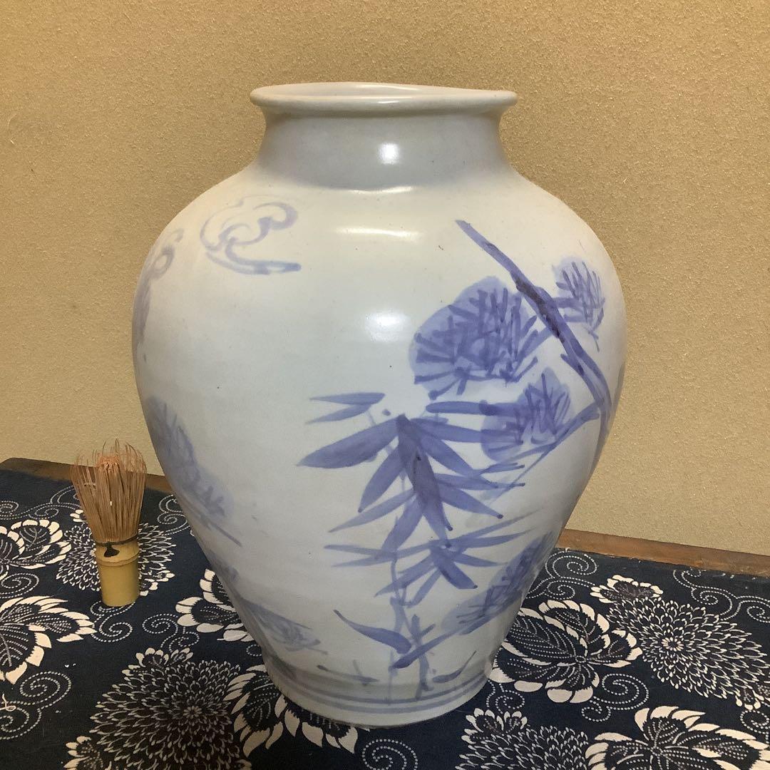 李朝　朝鮮　壺　大壺　花器　花瓶　松笹紋　砂高台　古伊万里・粉引・茶道好きにも