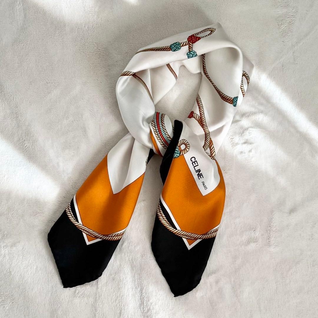 セリーヌ スカーフ シルク オレンジ&ブラック タグあり