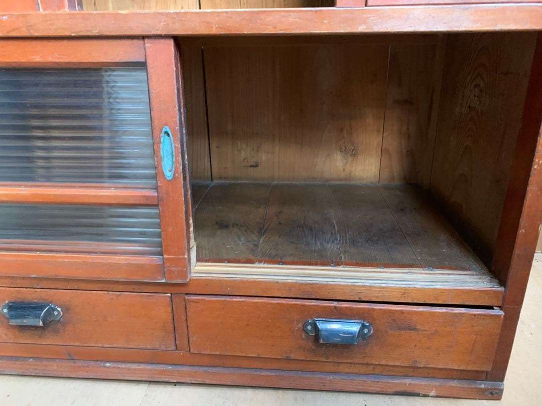 古い木全面モールガラス　収納陳列棚引き出し4杯　レトロ昭和ガラス古家具