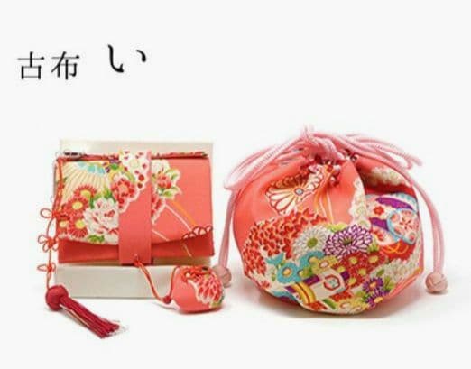 おはりばこ　古布の丸巾着とはこせこおそろいセット【巾着＆筥迫同柄セット】七五三