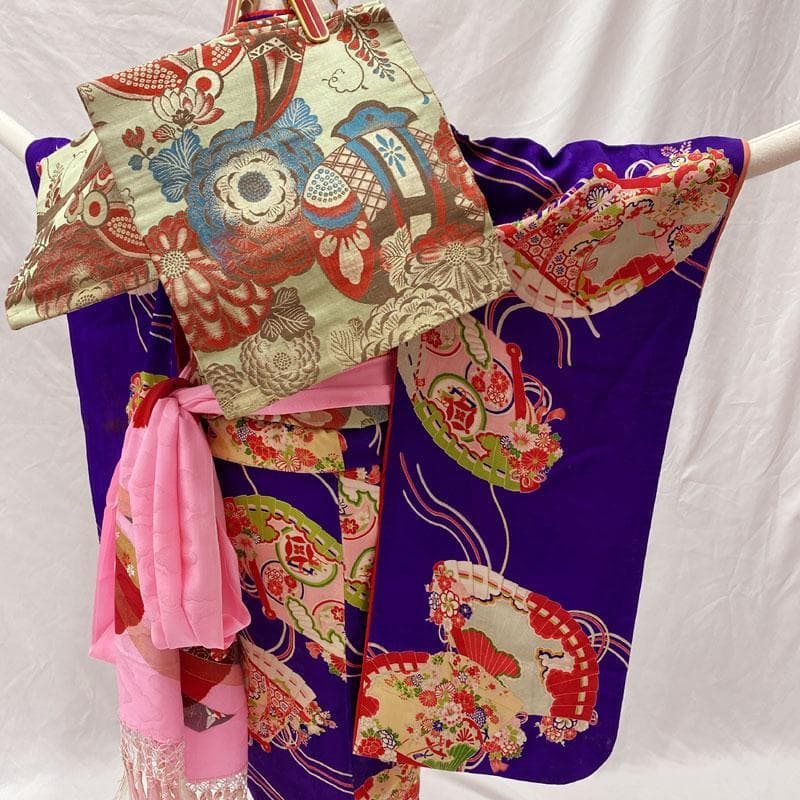510ag70◎七五三 七歳 女児 アンティーク着物&丸帯 レトロ 花扇 紫◎