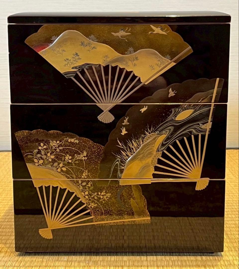 時代漆器 扇面金銀高蒔絵 三段重箱 / 加賀蒔絵 木製漆器 茶懐石道具