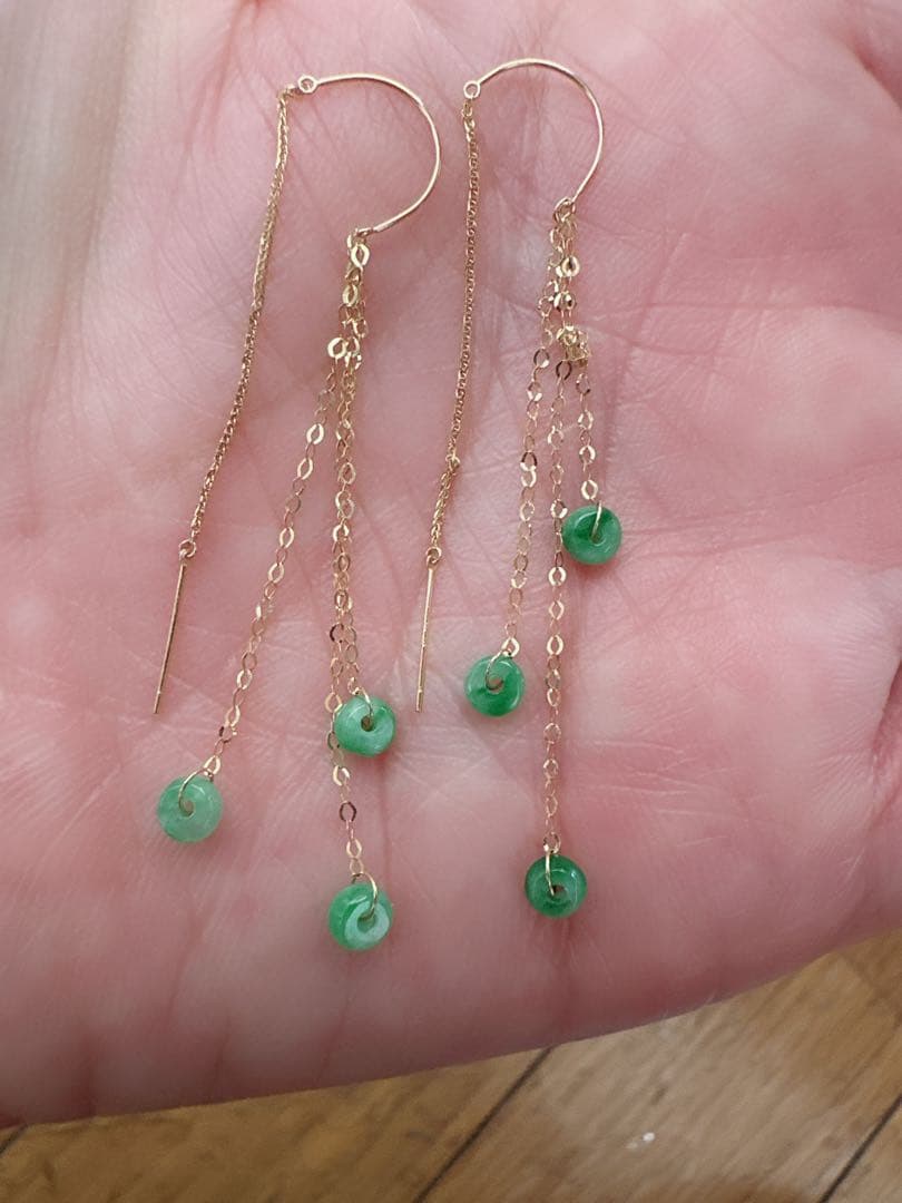 金18 K、刻みあり最高級ジェイドジェイダイトロングチェーンピアス 鑑定書付き