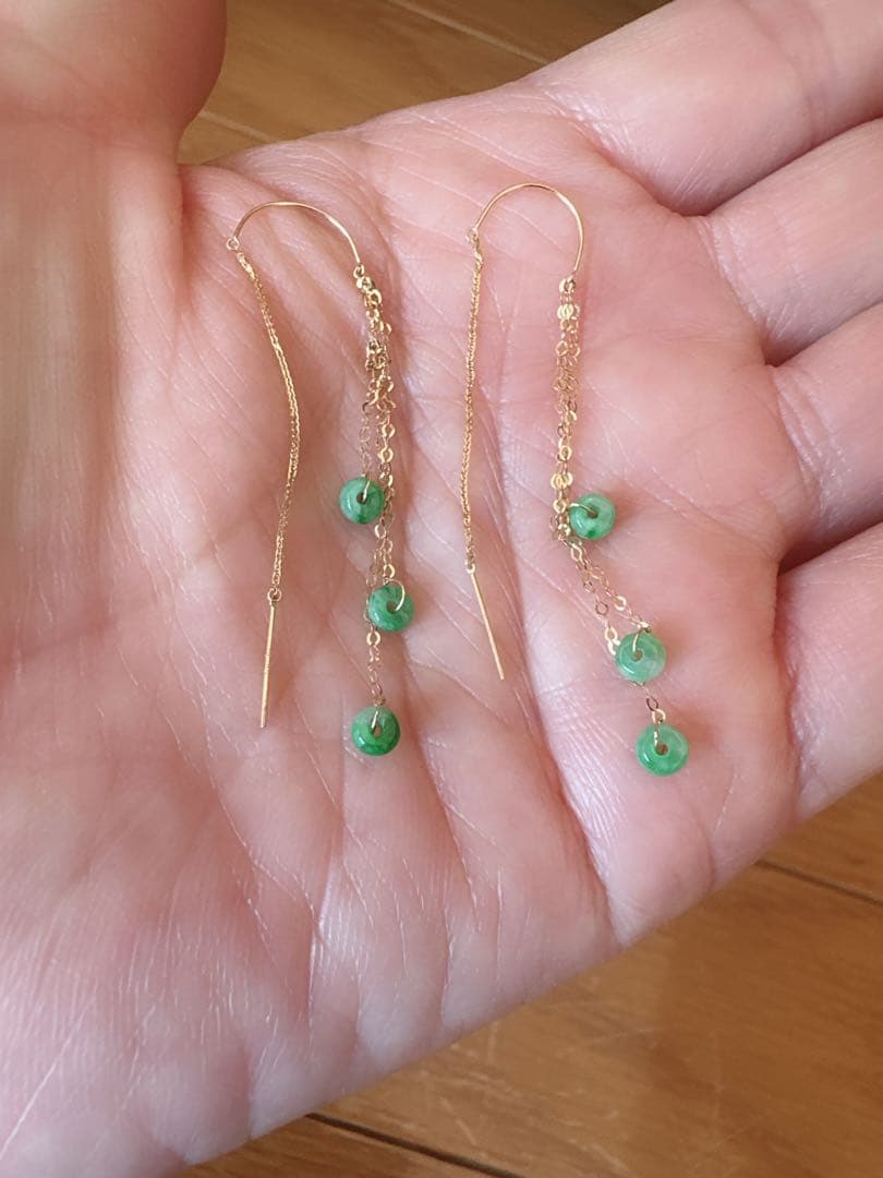 金18 K、刻みあり最高級ジェイドジェイダイトロングチェーンピアス 鑑定書付き