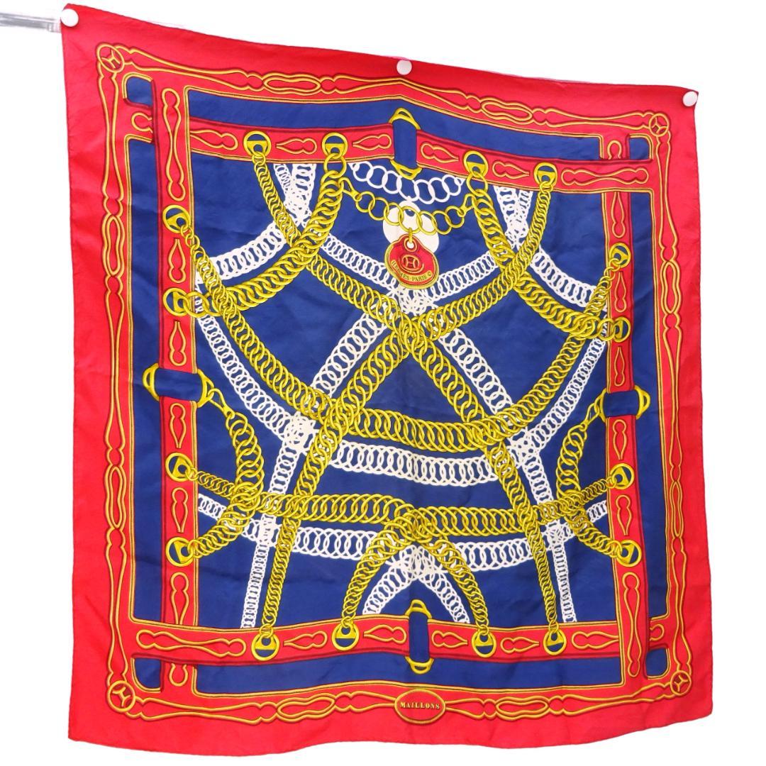 本物 ■エルメス■スカーフ カレ90 マイヨン MAILLONS ネイビーレッド